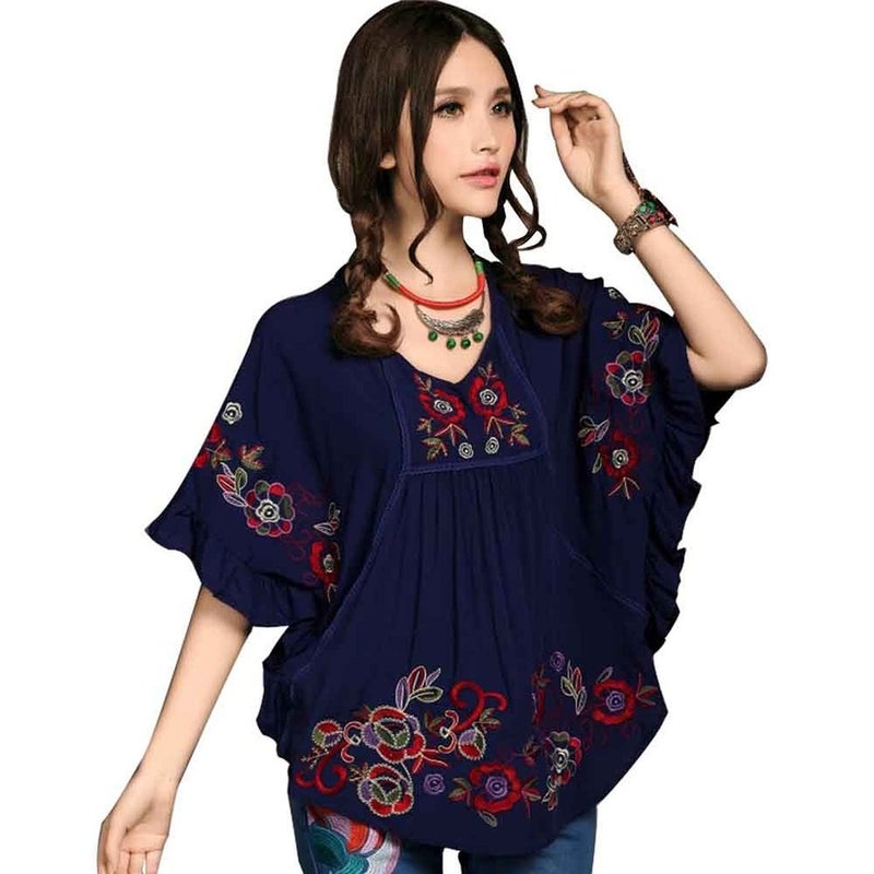 Kafeimali Women's Tops Batwing Floral Embroidered Loose Peasant Mexican Blouse (Navy Blue) - Image 1